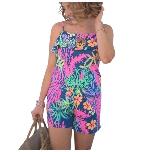 LILLY PULITZER Sz M "Indigo All a Glow" Print Off The Shoulders Shorts Romper - Picture 1 of 7